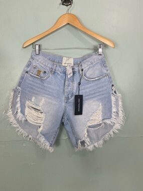 One Teaspoon Frankies Distressed Jean Denim Shorts Raw Hem Blue Heart Size 25